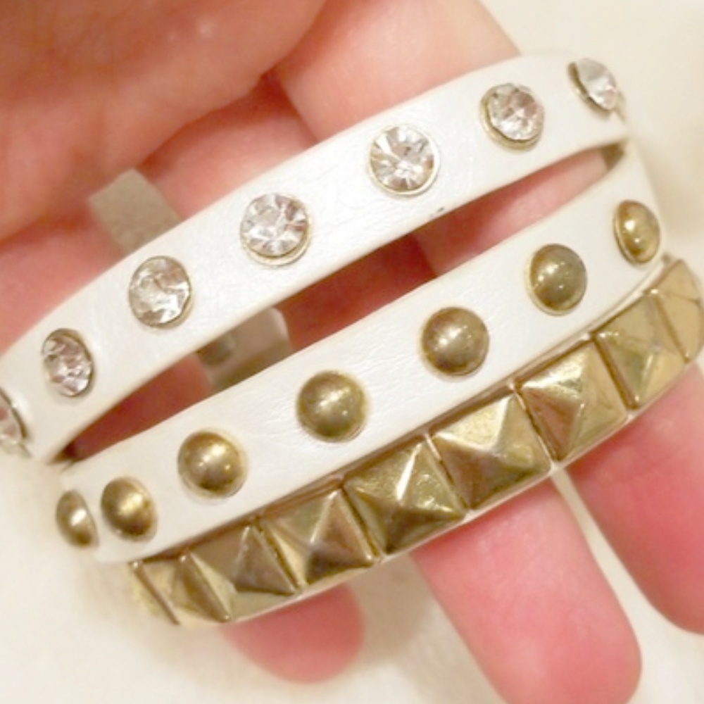 White rhinestone gold leather wrap bracelet